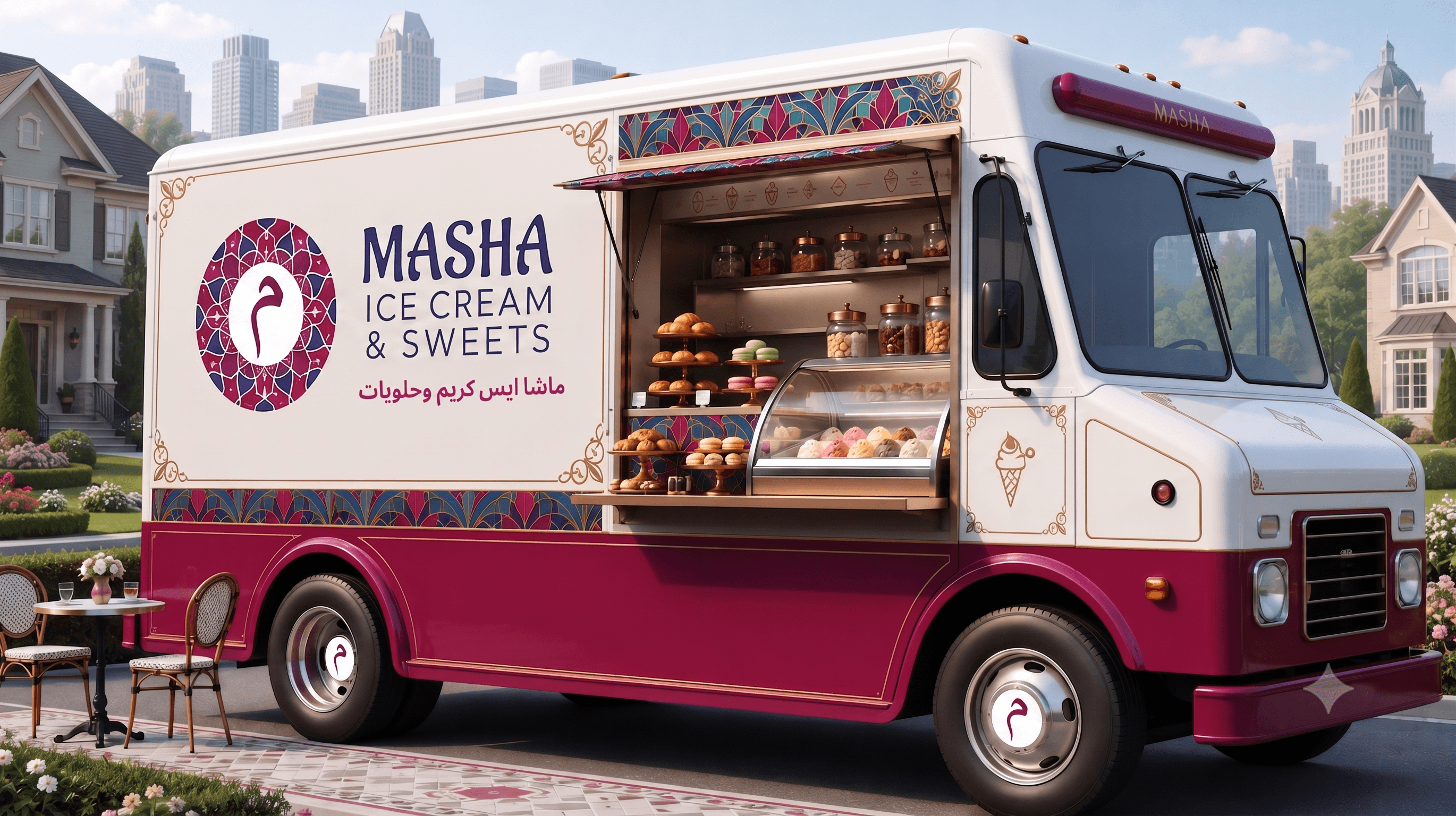 MASHA Ice Cream & Sweets mobile truck with mosaic pattern branding and open service window