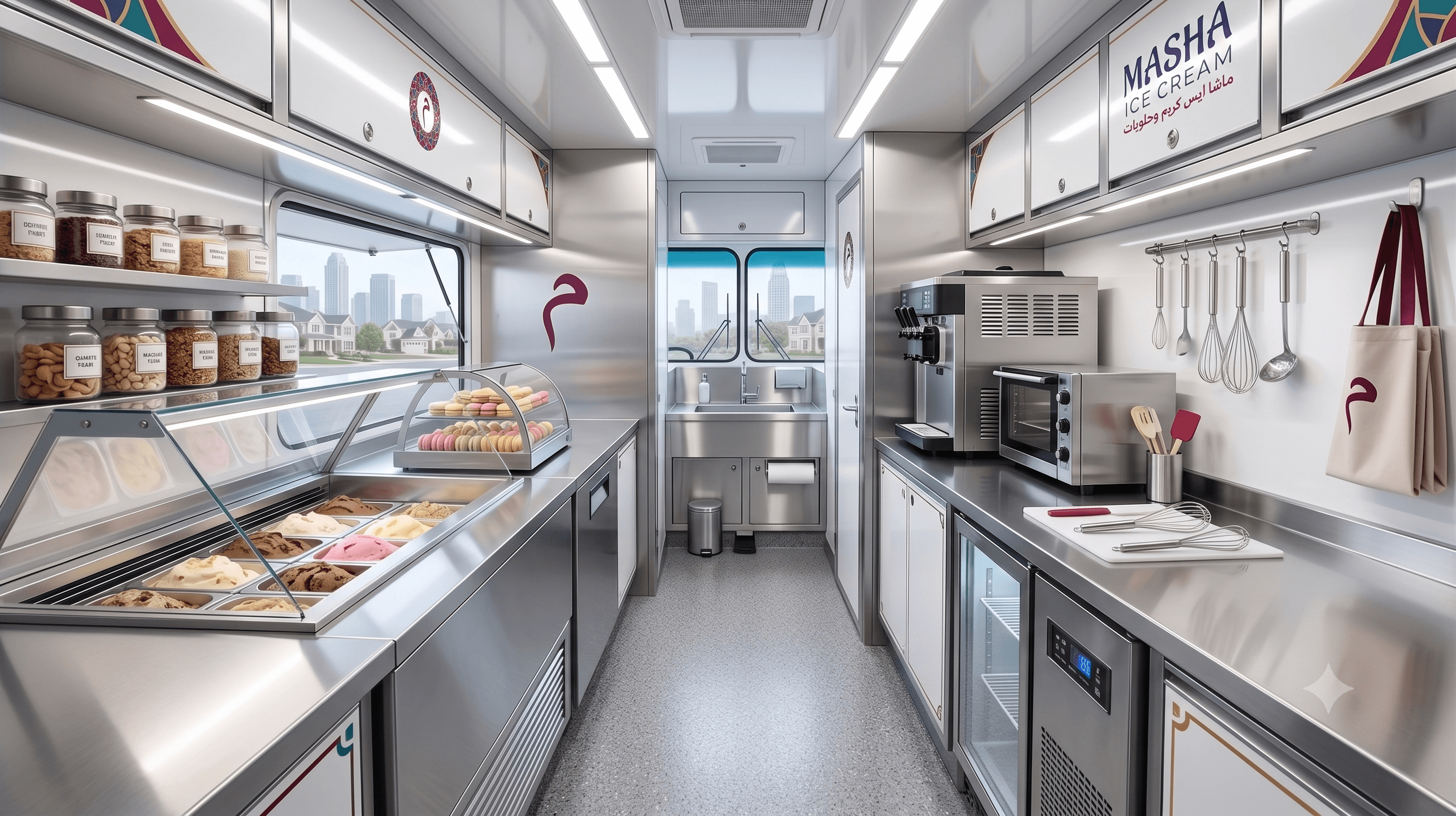 Stainless-steel MASHA truck interior with gelato case, macarons, and prep counter